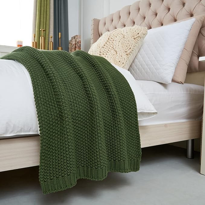 Longhui bedding Chunky Cable Knit Throw Blanket Lightweight Olive Green 100% - Image 8