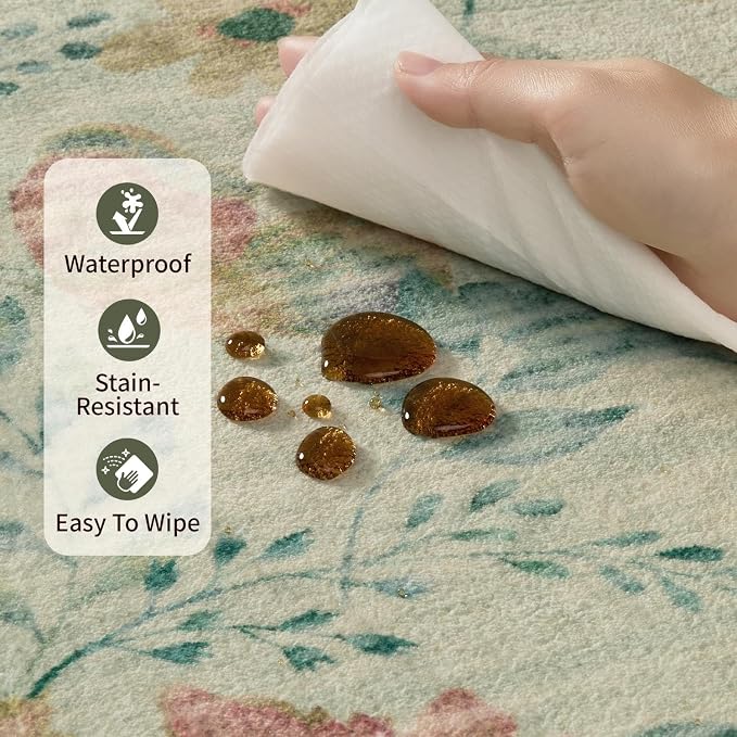 Rugxara Floral 5x7 Washable Area Rug, Vintage Boho, Non Slip Low Pile Wool - Image 8