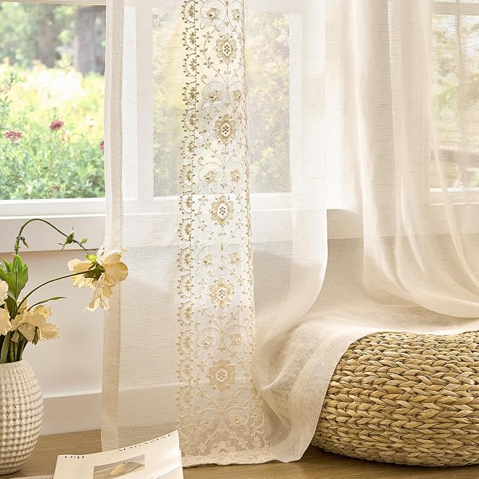 jinchan Weslie Beige Floral Sheer Curtains - Image 7