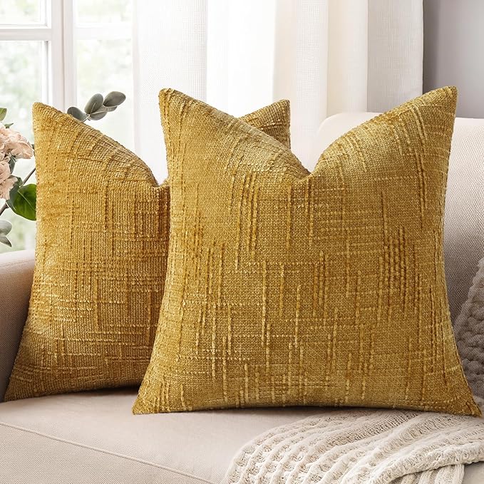 decorUhome Summer Mustard Yellow Chenille Throw Pillow Covers 20x20 Set of 2 by decorUhome