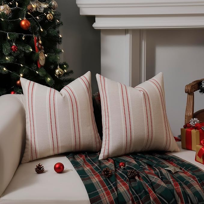 Hckot Christmas Throw Pillow Covers 24x24 Set of 2 Red Pillow Covers Striped - Image 2