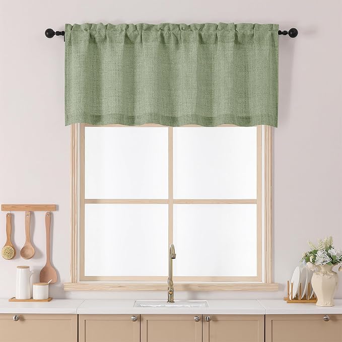 Chyhomenyc Green Kitchen Curtains 22 Inch Length, Light Filtering Faux Linen by Chyhomenyc
