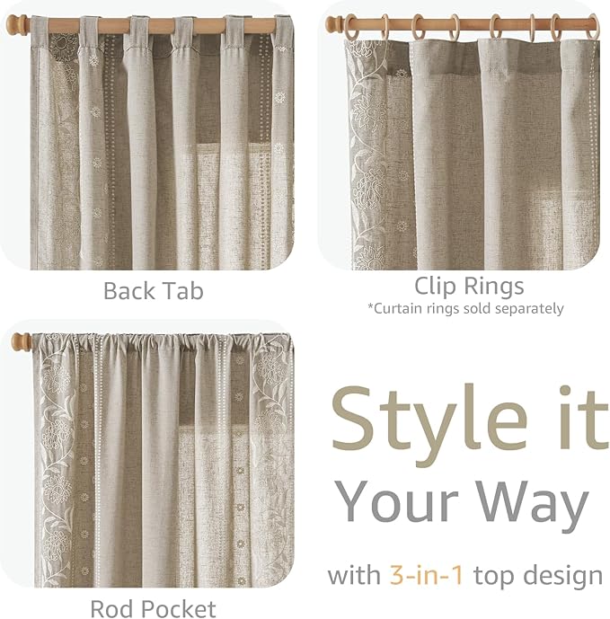jinchan Winslow Linen Curtains for Bedroom 96 Inches Length Embroidered - Image 6