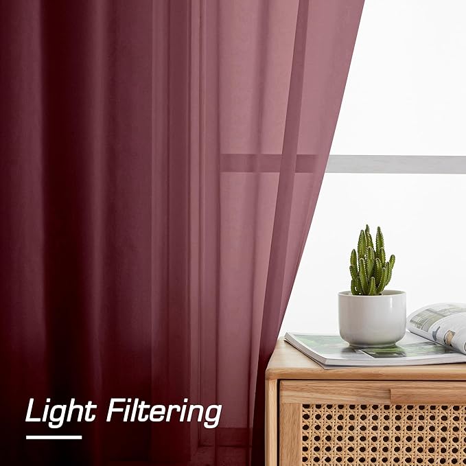 Aiyufeng 2 Piece Burgundy Sheer Curtains 84 Inch Length, Light Filtering - Image 6