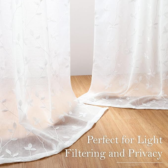 HOMEIDEAS White Sheer Curtains 52 X 63 Inches Length 2 Panels Embroidered Vine - Image 6