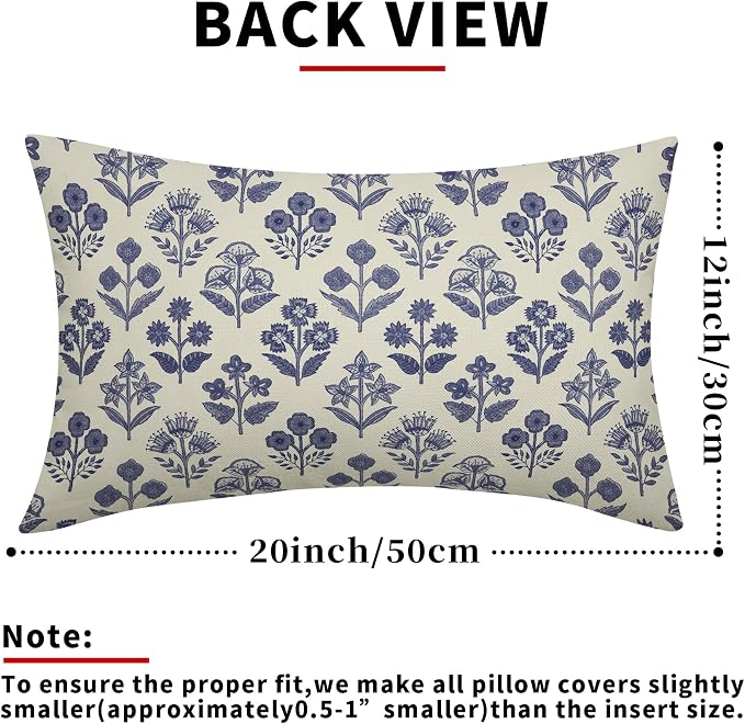Navy Blue Floral Pillow Covers 12x20 Inch Set of 2, Block Print Lumbar Flower - Image 3
