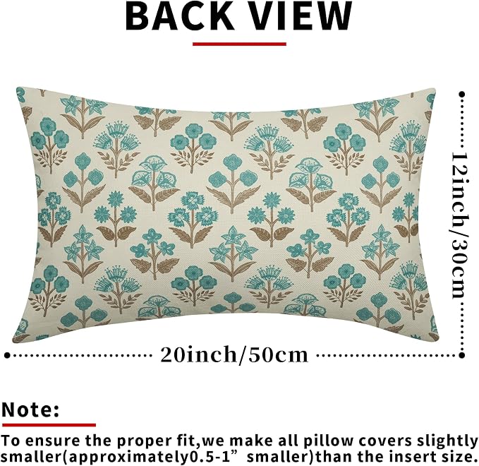 Brown Cyan Floral Pillow Covers 12x20 Inch Set of 2, Block Print Lumbar Flower - Image 2