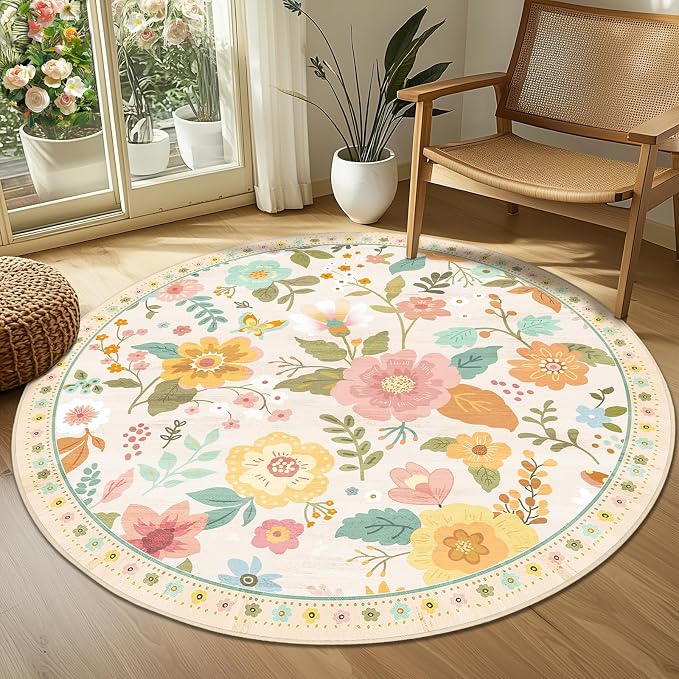 RELEANY Floral Nursery 6ft Area Rugs Washable Print Boho Cute Carpet Non Slip - Image 8