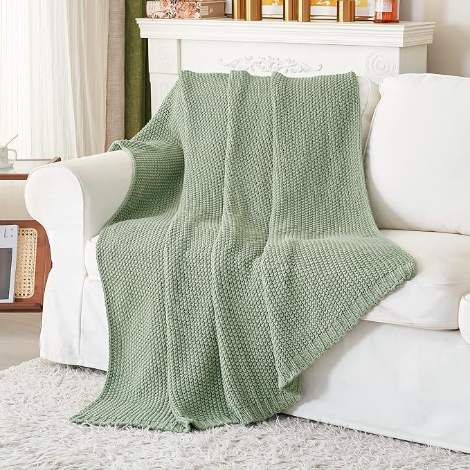 Chunky Cable Knit Throw Blanket Lightweight Light Green 100% Organic Cotton - Image 8