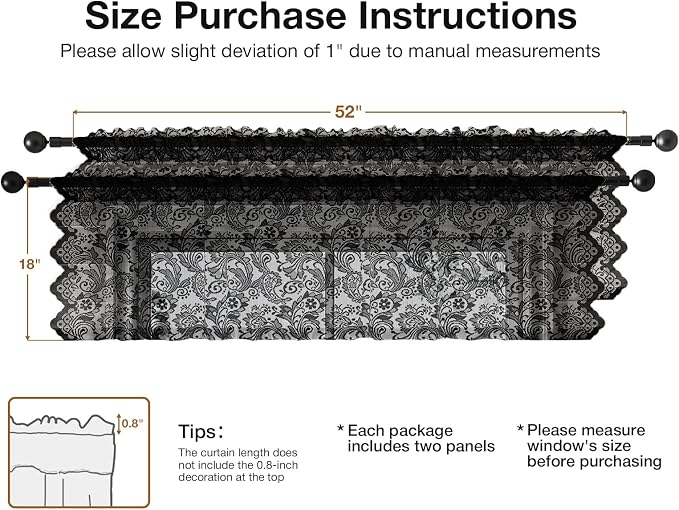 Rinwoc Black Lace Semi-Sheer Valance Curtains – Vintage Floral Lace - Image 2