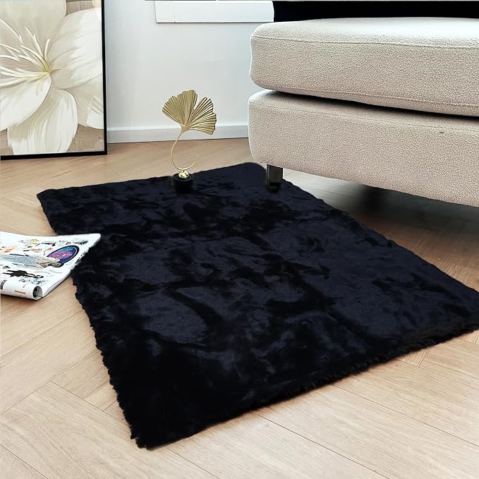 Latepis Small Black Fluffy Rug 2x3 Throw Faux Rabbit Fur Soft Rug Washable - Image 2