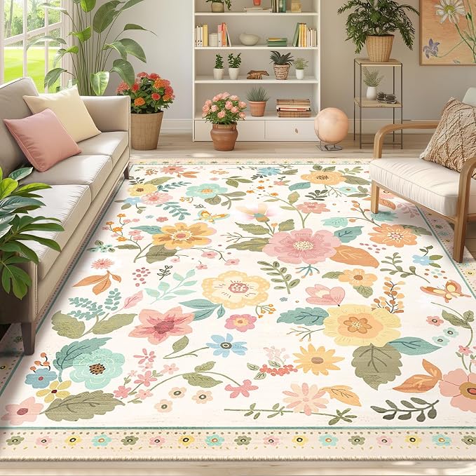 RELEANY Floral Nursery 9x12 Area Rugs Washable Print Boho Cute Carpet Non Slip - Image 2