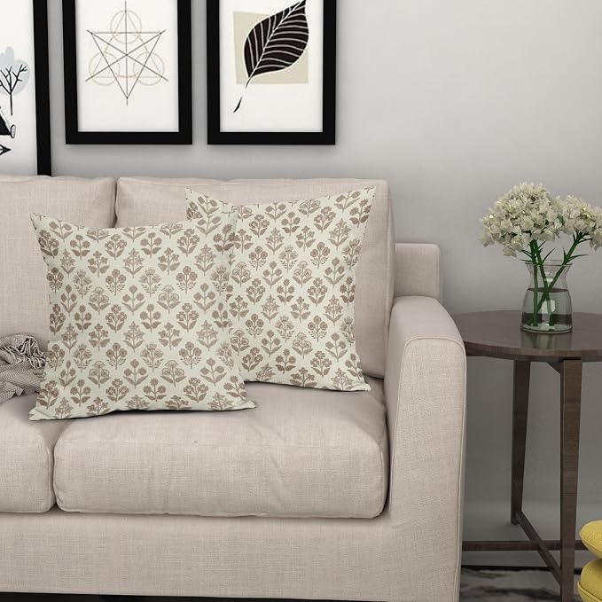 Brown Floral Pillow Covers 24x24 Inch Set of 2, Vintage Flower Block Print - Image 7