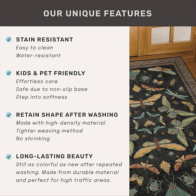 Vintage Insect 2x8 Black Entryway Runner Rug, Washable Non Slip Runners - Image 7
