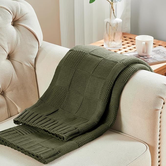 CozeCube Check Knit Throw Blanket, Olive Green Checkered Throw - Image 5