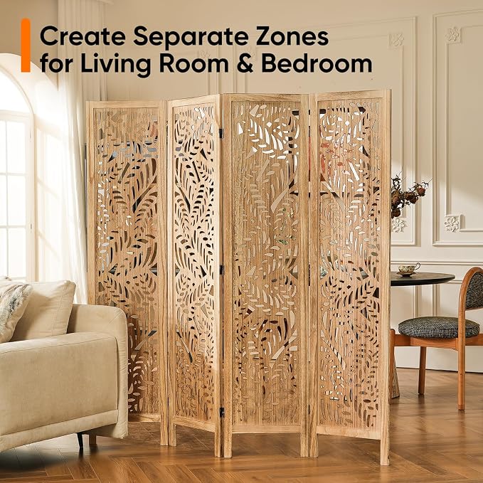 Boho Room Divider with Leaves Carving, 4-Panel Openwork Wood Screen, Decorative - Image 7