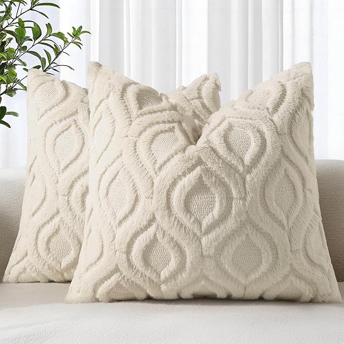 decorUhome Throw Pillow Covers 24x24 Inch Set of 2, Soft Plush Faux Wool Beige by decorUhome