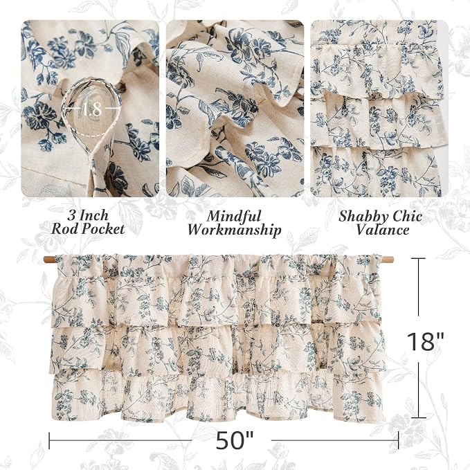 jinchan Ruffled Floral Valance Curtain Shabbychic Linen Window Valance 18 Inch - Image 5