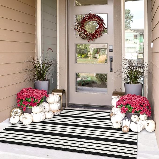 IOHOUZE Black and White Striped Rug 3'x5' Front Door Rugs Outdoor, Washable by iOhouze