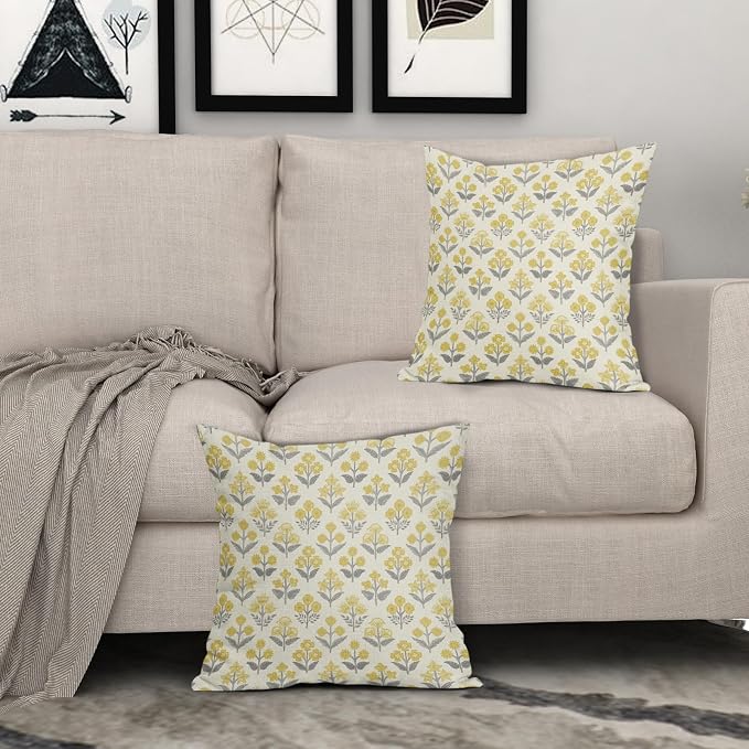 Yellow Grey Gray Floral Block Print Pillow Covers 18x18 Inch Set of 2, Vintage - Image 3