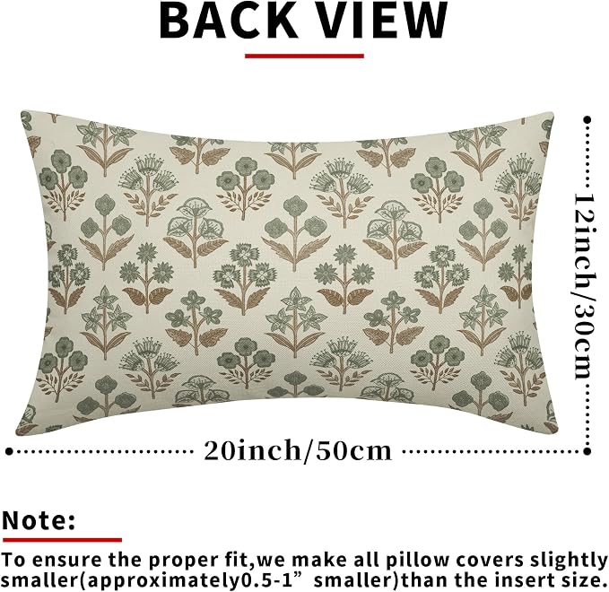 Brown Green Floral Pillow Covers 12x20 Inch Set of 2, Block Print Lumbar Flower - Image 3