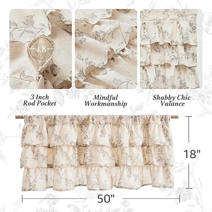 jinchan Ruffled Gray Floral Valance Curtain Shabbychic Linen Window Valance 18 - Image 5