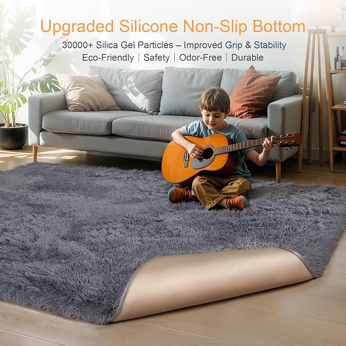 KICHOWUA Thick Area Rug Grey 6x9 Fluffy Shag - Image 4