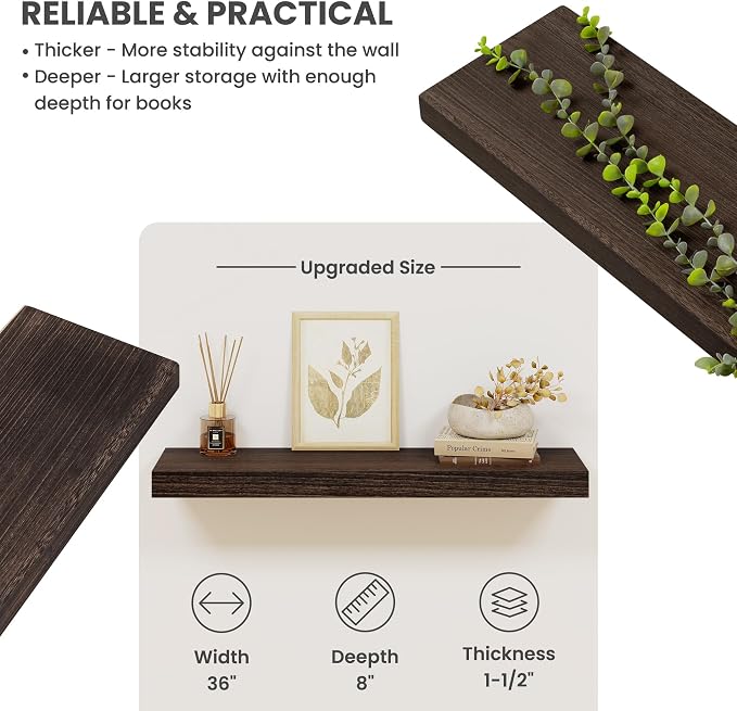 Solid Wood Floating Shelves for Wall 36"W x 8"D x 1.56"H Set of 2, Deep Wall - Image 4