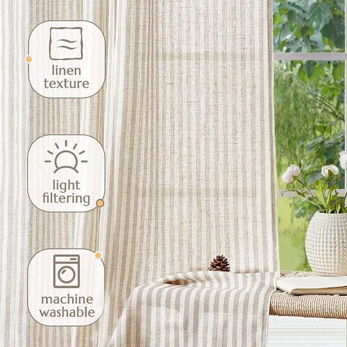 jinchan Linen Curtains Taupe Grey on Beige Striped Curtains - Image 4