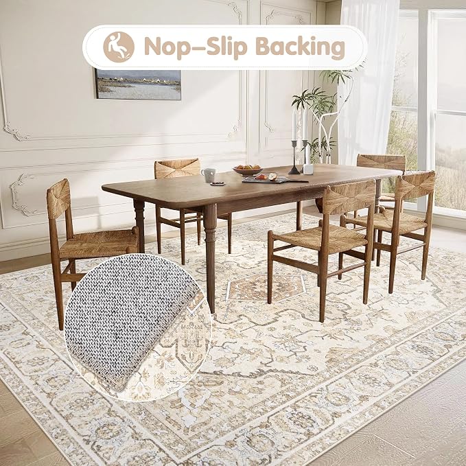 Area Rugs 6x9 Vintage Rug: Washable Living Room Rug Retro Medallion Distressed - Image 5