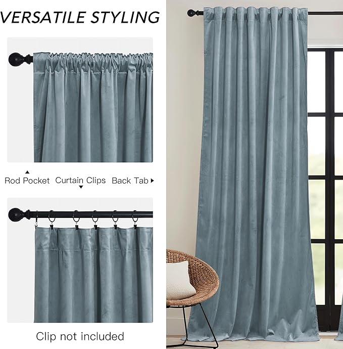 RYB HOME Stone Blue Velvet Curtains 84 inches- Blackout Curtains - Image 3