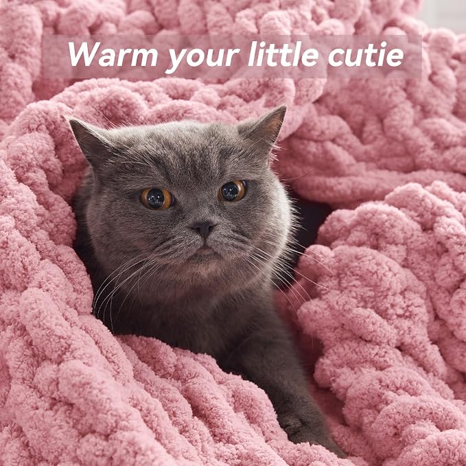 Negwoo Chunky Knit Throw Blanket, Handmade Light Pink Crochet Big Thick Blanket - Image 4
