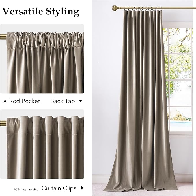 NICETOWN Taupe Velvet Curtains 120 Inch Length - Image 3