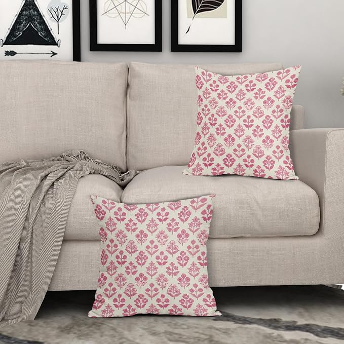 Hot Pink Floral Pillow Covers 24x24 Inch Set of 2, Vintage Flower Block Print - Image 3