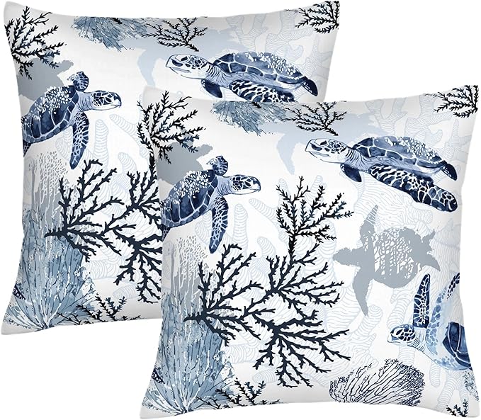 Cute Nautical Blue Pillow Covers Set of 2, Coastal Beach Themed Coral Sea by Unknown
