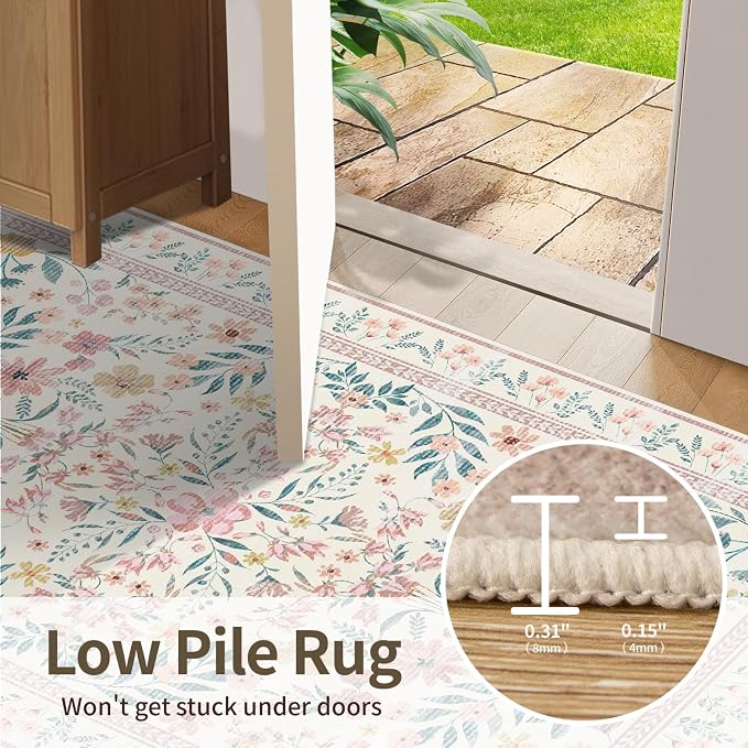 Rugxara Pink Rug for Living Room Bedroom, 5x7 Washable Floral Rug, Vintage Boho - Image 7