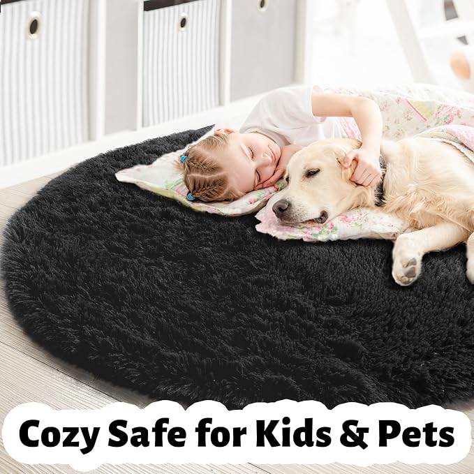 Black Round Rugs 5Ft for Bedroom Aesthetic, Fluffy Plush Circle Area Rugs for - Image 4