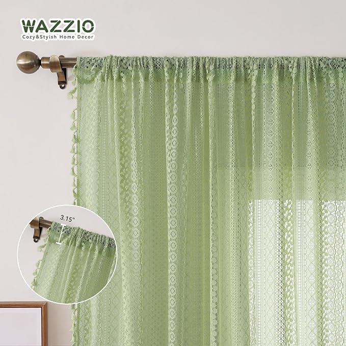 WAZZIO Boho Lace Curtains 63 Inches 2 Panel, Light Filtering Privacy Tassel & - Image 6