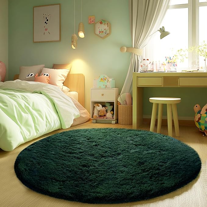 CAIYUECS Dark Green Round Rug for Bedroom: 4x4Feet Soft and Fluffy Area Rug for - Image 4