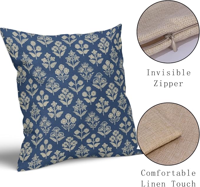 Blue Floral Block Print Pillow Covers 20x20 Inch Set of 2, Vintage Flower - Image 4