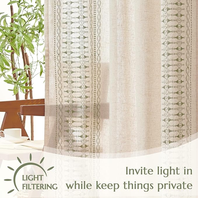 jinchan Boho Curtains for Bedroom Linen Blend Sage Green Embroidered Bordered - Image 4