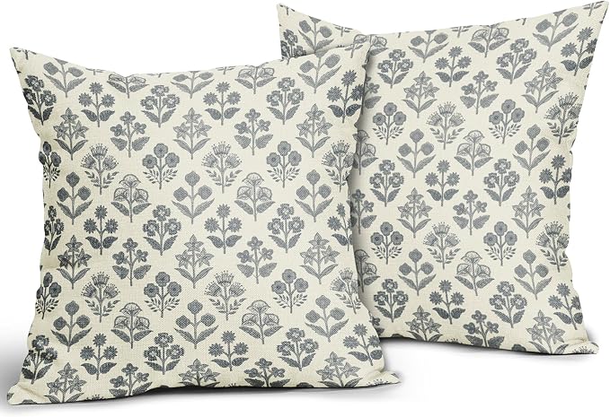 Dusty Blue Floral Pillow Covers 18x18 Inch Set of 2, Vintage Flower Block Print - Image 2