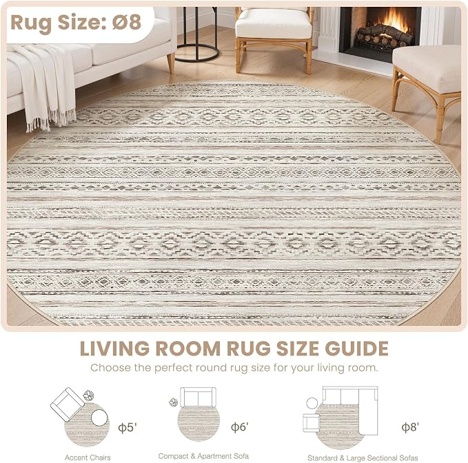 cotiled 8x8 Round Area Rug Living Room: Washable Boho Rugs - Image 8