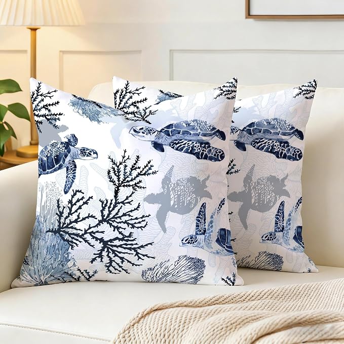 Cute Nautical Blue Pillow Covers Set of 2, Coastal Beach Themed Coral Sea - Image 3
