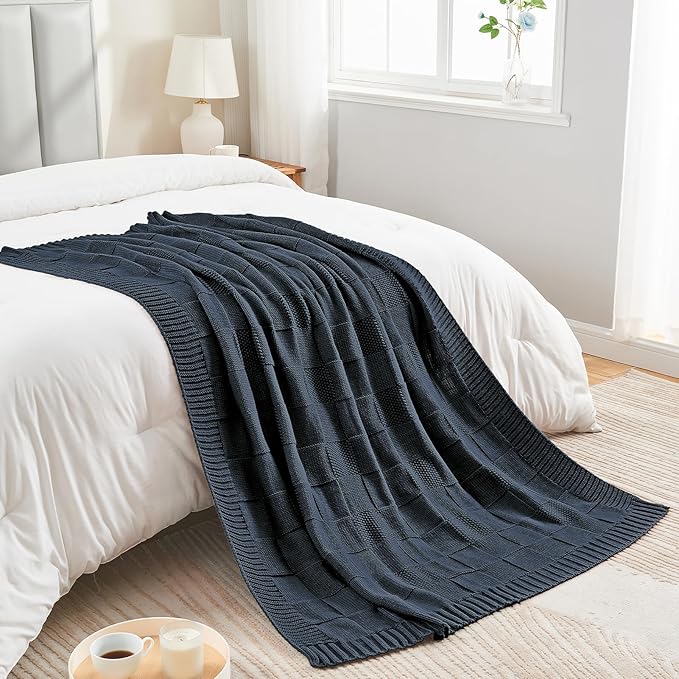 CozeCube Check Knit Throw Blanket, Midnight Navy Checkered Throw - Image 6