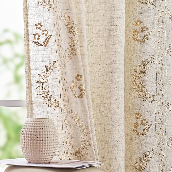 jinchan Belrose 4 Panel Curtains Set 90 Inch Length Floral Curtains Linen Blend - Image 3