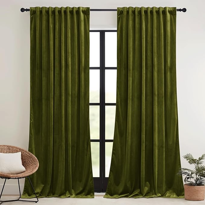 RYB HOME Moss Green Velvet Curtains 96 inches, Luxury and Soft Velvet Fabric - Image 2