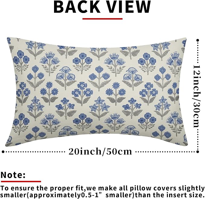 Blue Grey Gray Floral Pillow Covers 12x20 Inch Set of 2, Block Print Lumbar - Image 3