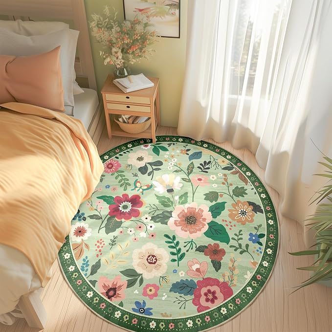 RELEANY Floral Nursery 4ft Area Rugs Washable Print Boho Cute Carpet Non Slip by RELEANY