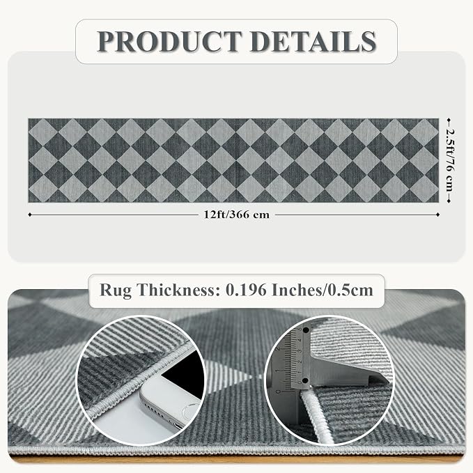 Beeiva Checkered Rug Runner for Hallways 2.5x12, Kitchen Runner Rugs Non Skid - Image 2
